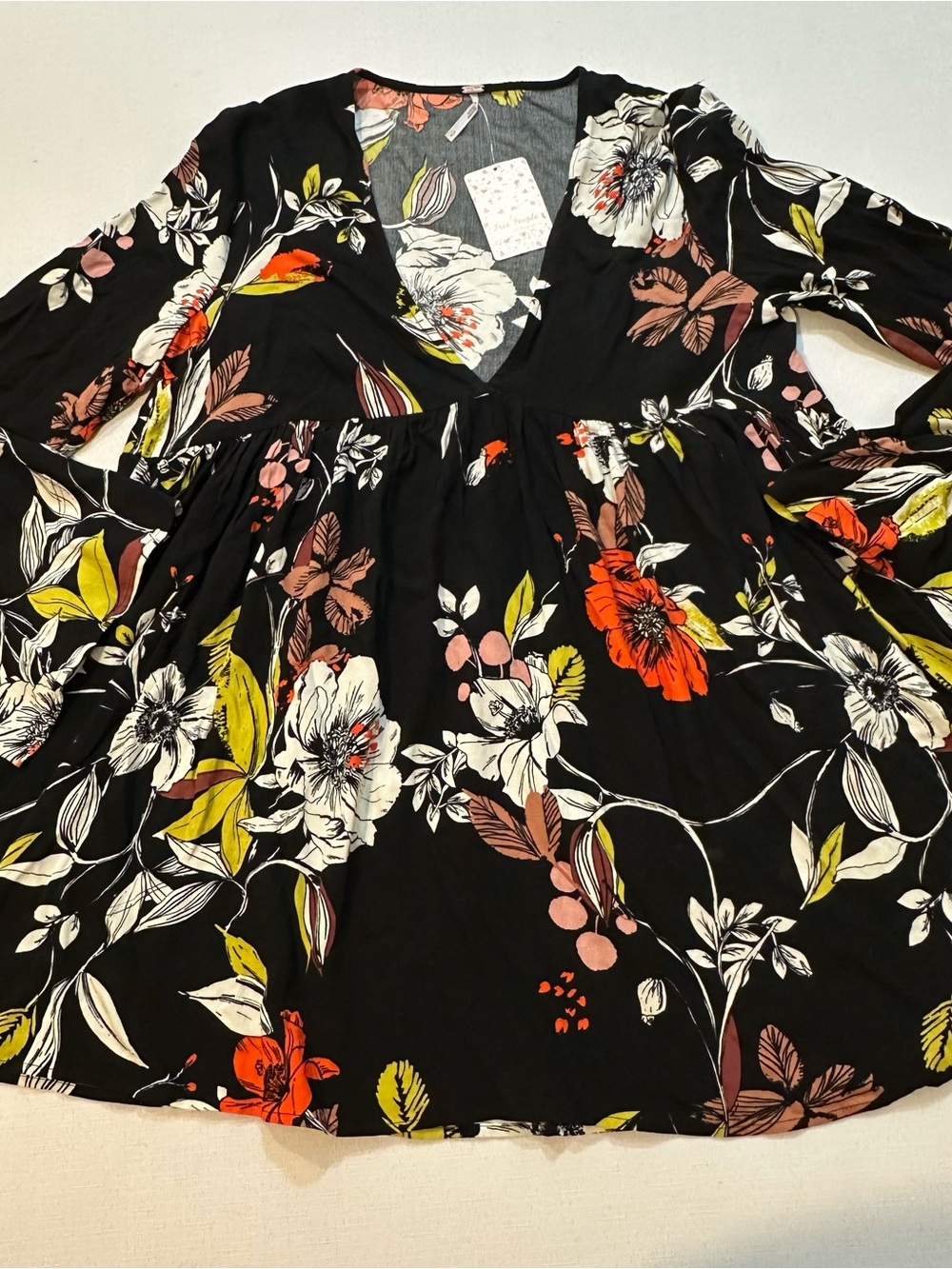 Free People Floral Babydoll Tunic Top NWT Small Boho Bell Sleeve
